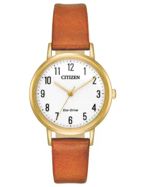 Citizen Womens Eco-Drive Chandler - White Dial - Brown Leather Strap - Gold-Tone