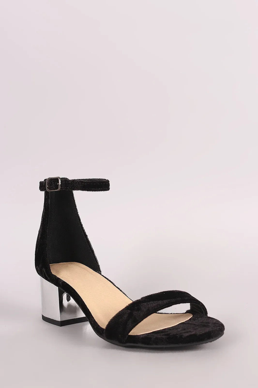 City Classified Crushed Velvet Ankle Strap Metallic Block Heel