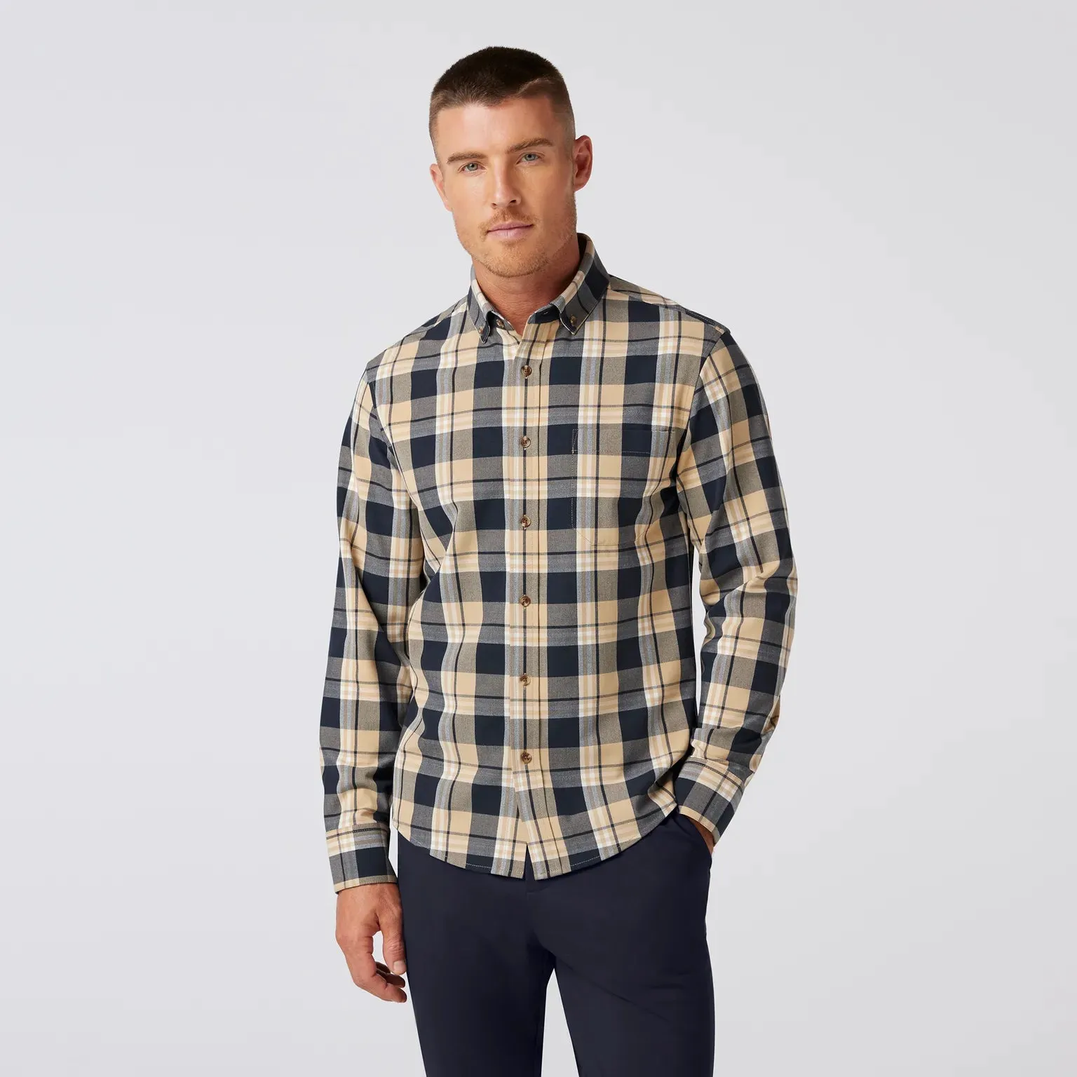 City Flannel Dress Shirt in Khaki William Plaid by Mizzen Main