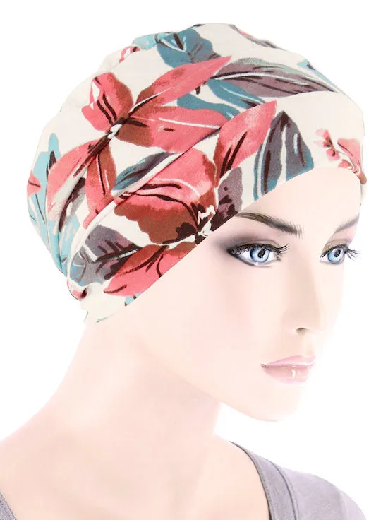 CKC-148#Chemo Cloche Cap in Cream Coral Tropical Floral