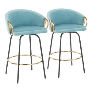 Claire Contemporary/Glam Counter Stool in Black Metal and Light Blue Velvet with Gold Metal Accent by LumiSource - Set of 2