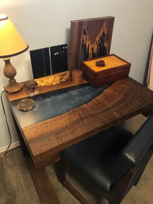 Claro Walnut and Blue Resin Desk