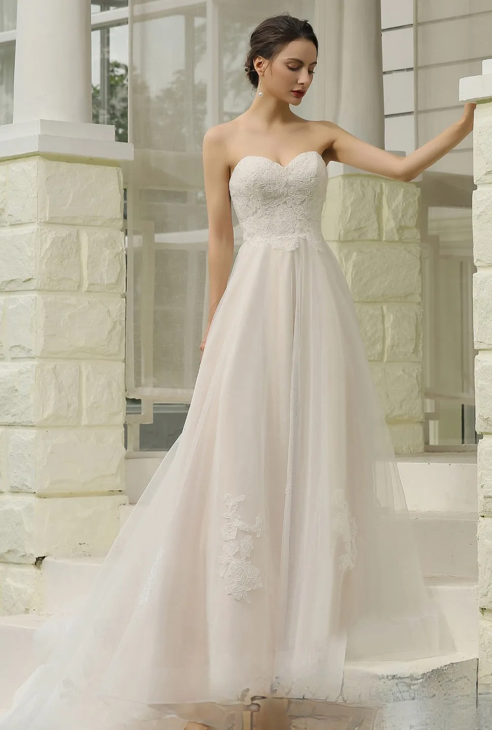 Classic A-Line Strapless Bridal Gown With Detachable Bishop Sleeves