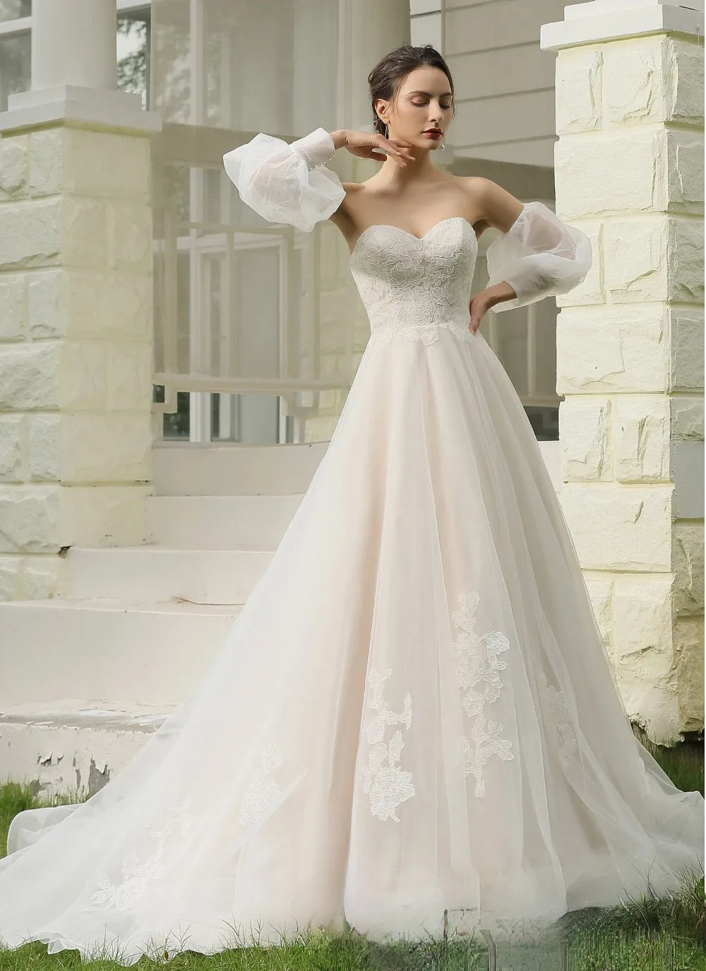 Classic A-Line Strapless Bridal Gown With Detachable Bishop Sleeves