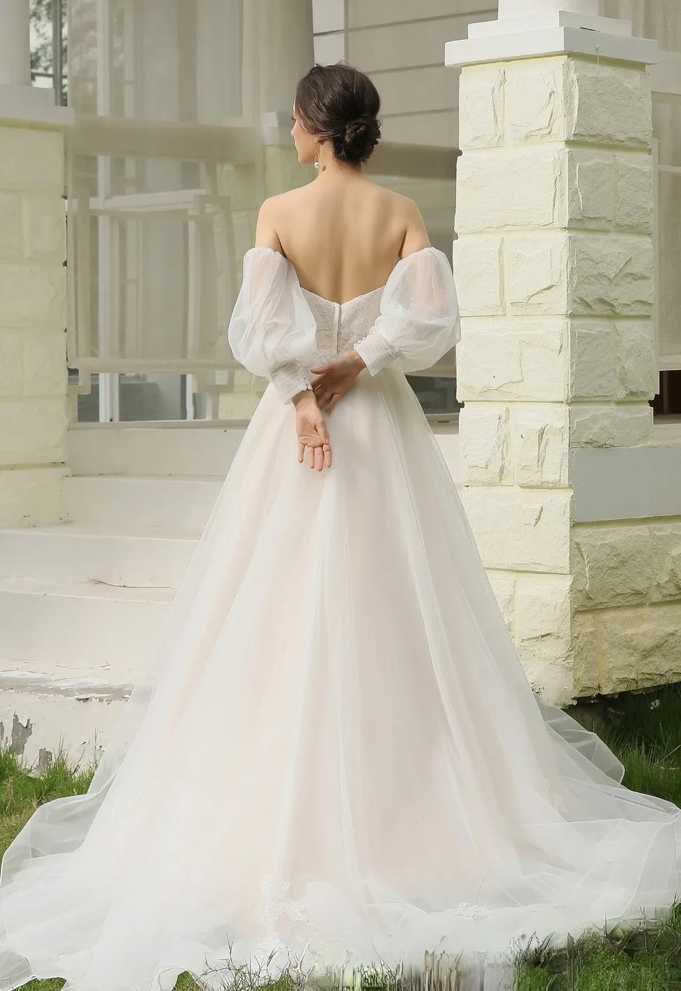 Classic A-Line Strapless Bridal Gown With Detachable Bishop Sleeves