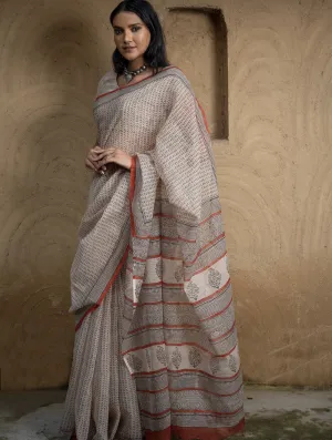 Classic Appeal. Bagru Hand Block Printed Kota Doria Saree - Beige Elegance