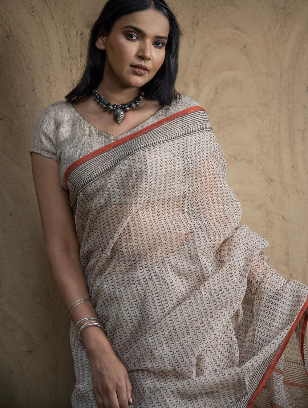 Classic Appeal. Bagru Hand Block Printed Kota Doria Saree - Beige Elegance