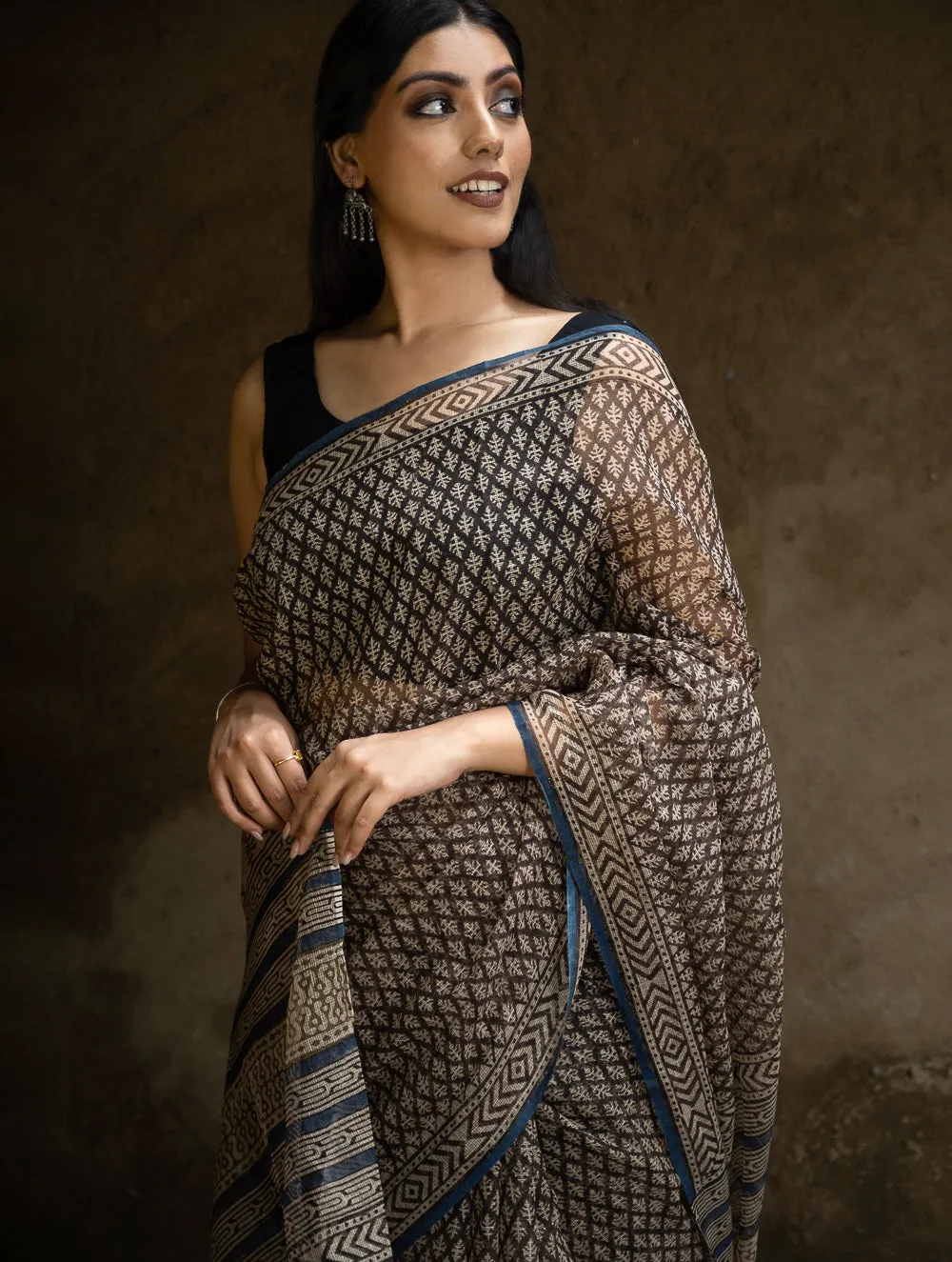 Classic Appeal. Bagru Hand Block Printed Kota Doria Saree - Black Florets