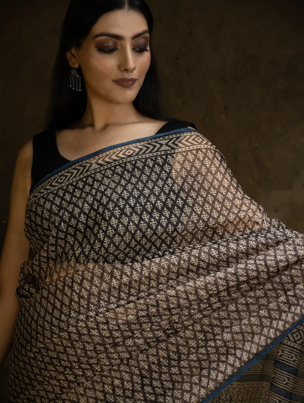 Classic Appeal. Bagru Hand Block Printed Kota Doria Saree - Black Florets