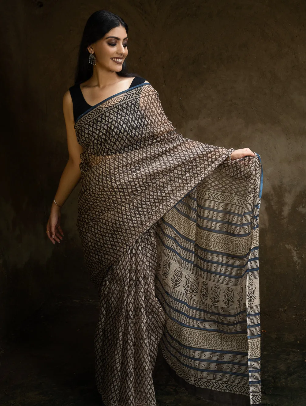 Classic Appeal. Bagru Hand Block Printed Kota Doria Saree - Black Florets