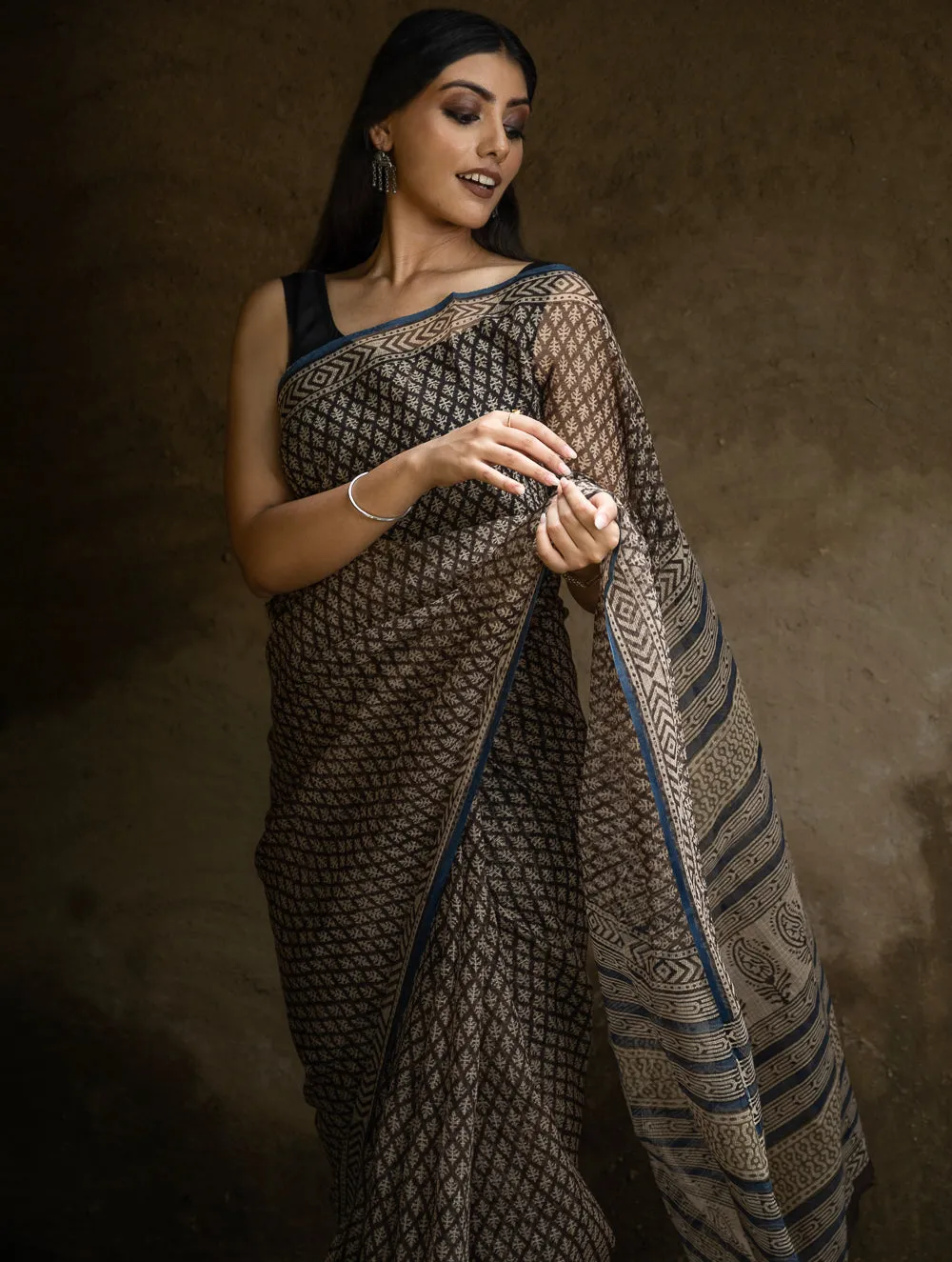 Classic Appeal. Bagru Hand Block Printed Kota Doria Saree - Black Florets