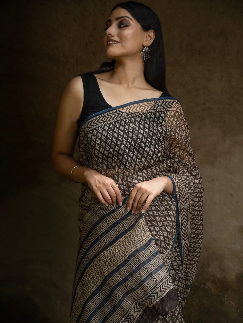 Classic Appeal. Bagru Hand Block Printed Kota Doria Saree - Black Florets