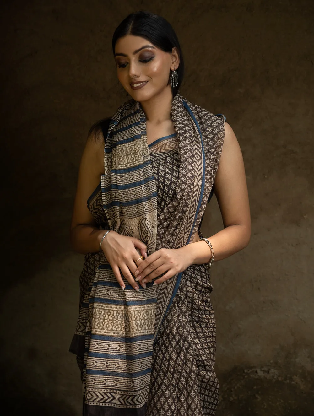 Classic Appeal. Bagru Hand Block Printed Kota Doria Saree - Black Florets