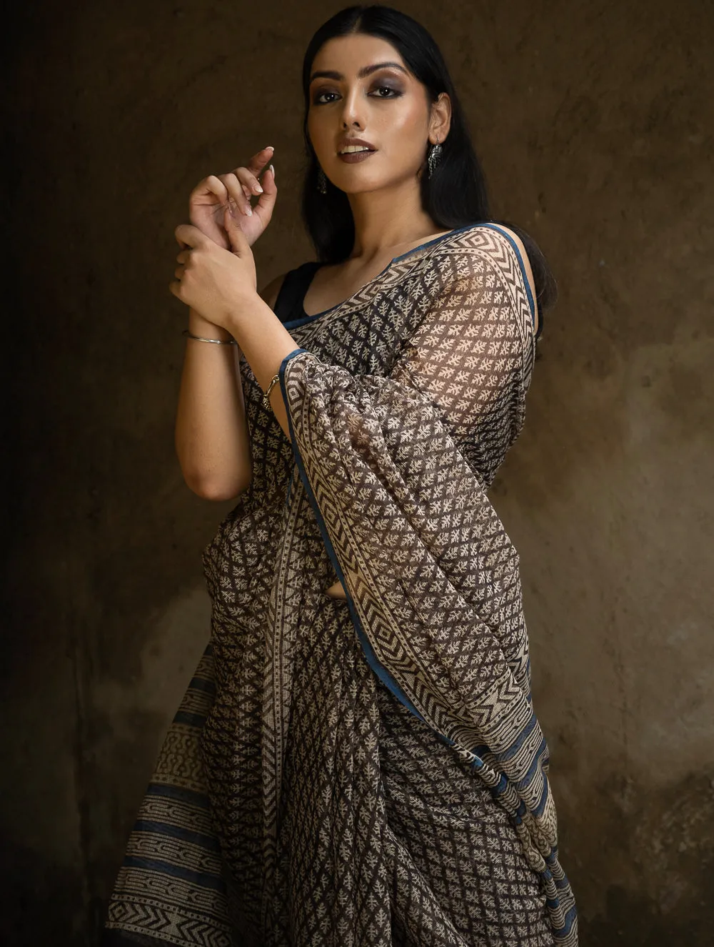 Classic Appeal. Bagru Hand Block Printed Kota Doria Saree - Black Florets