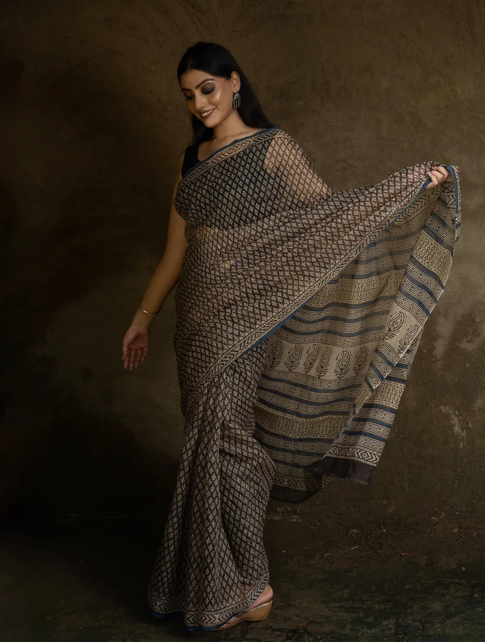 Classic Appeal. Bagru Hand Block Printed Kota Doria Saree - Black Florets