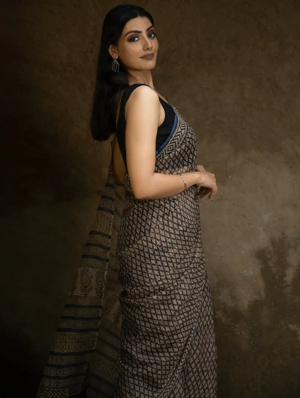 Classic Appeal. Bagru Hand Block Printed Kota Doria Saree - Black Florets