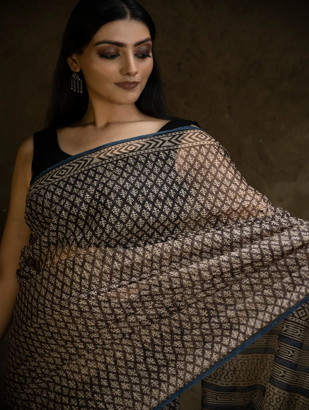 Classic Appeal. Bagru Hand Block Printed Kota Doria Saree - Black Florets