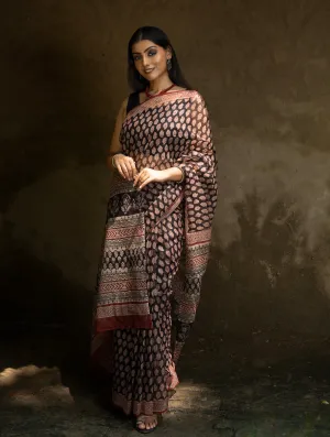 Classic Appeal. Bagru Hand Block Printed Kota Doria Saree - Black Ornate