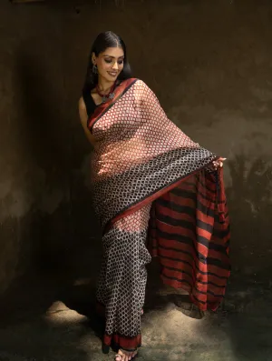 Classic Appeal. Bagru Hand Block Printed Kota Doria Saree - Honeycomb