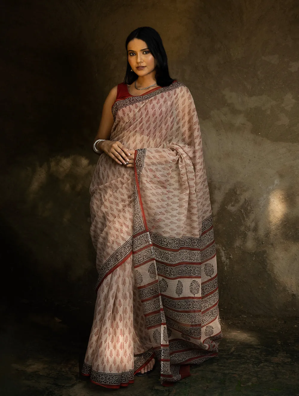 Classic Appeal. Bagru Hand Block Printed Kota Doria Saree - Red Leaf