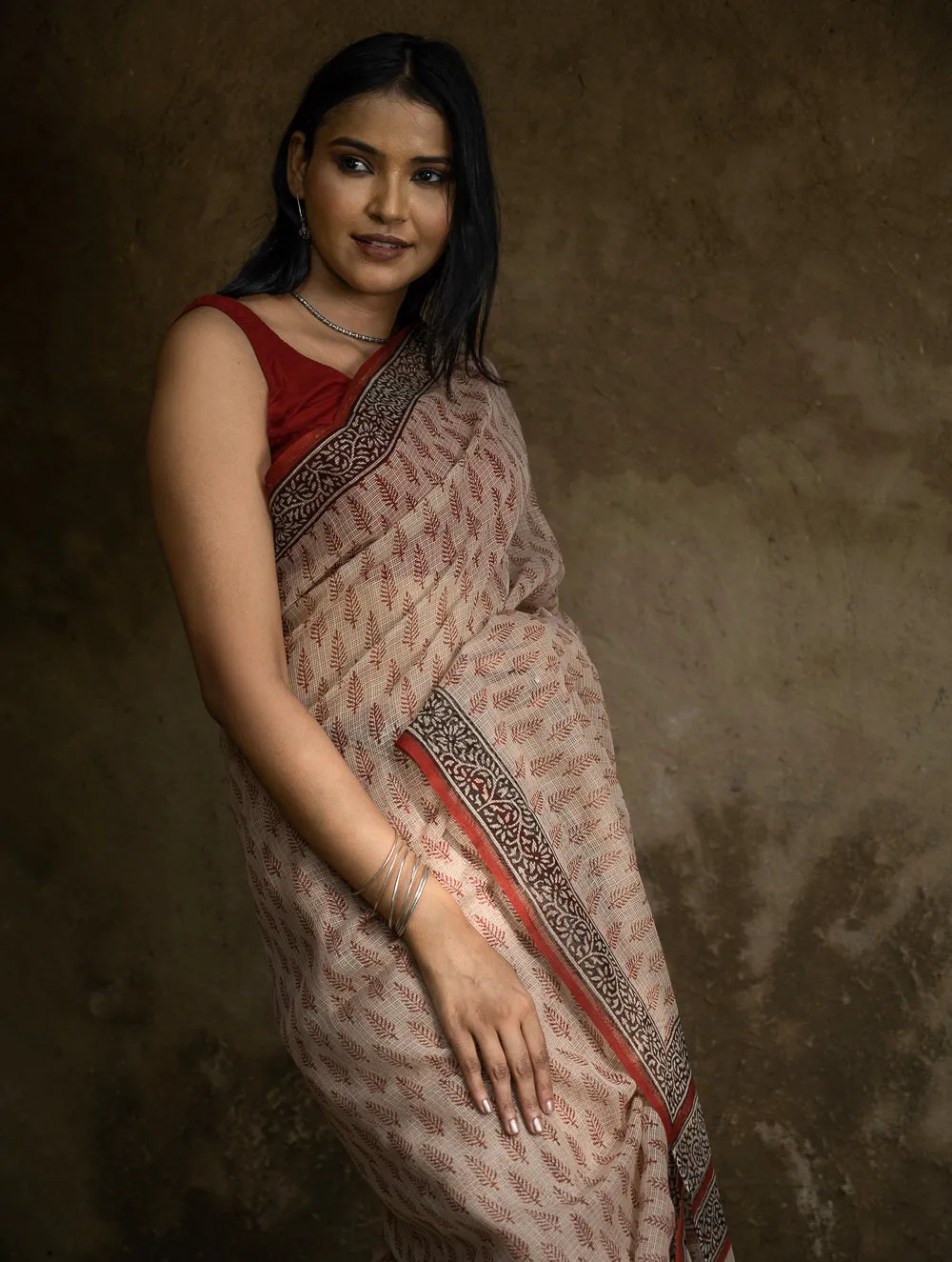 Classic Appeal. Bagru Hand Block Printed Kota Doria Saree - Red Leaf