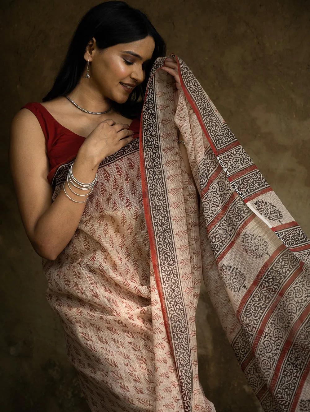 Classic Appeal. Bagru Hand Block Printed Kota Doria Saree - Red Leaf