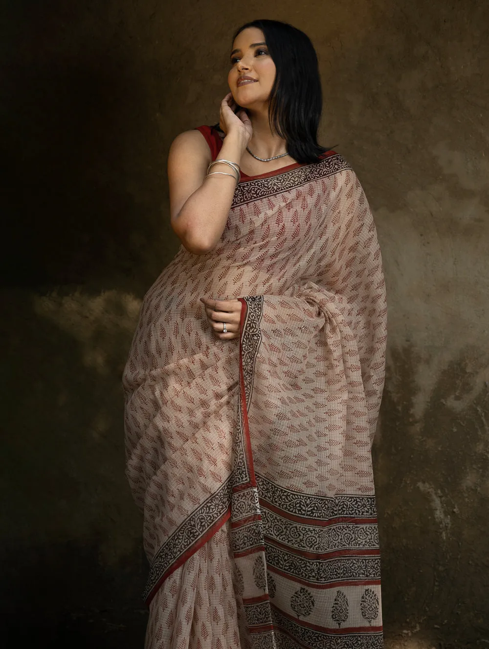 Classic Appeal. Bagru Hand Block Printed Kota Doria Saree - Red Leaf