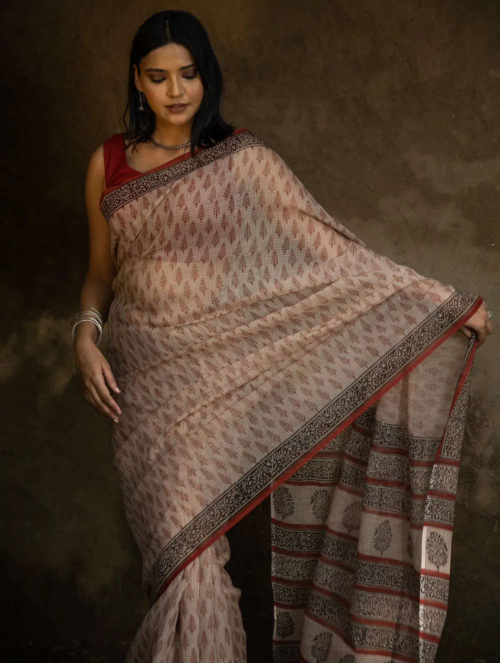 Classic Appeal. Bagru Hand Block Printed Kota Doria Saree - Red Leaf