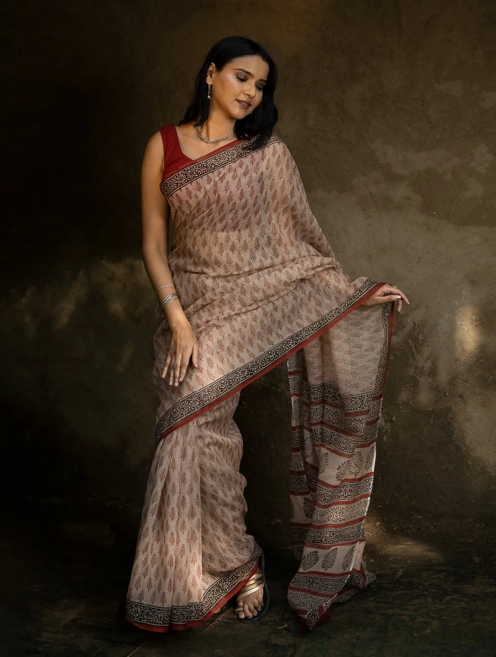 Classic Appeal. Bagru Hand Block Printed Kota Doria Saree - Red Leaf