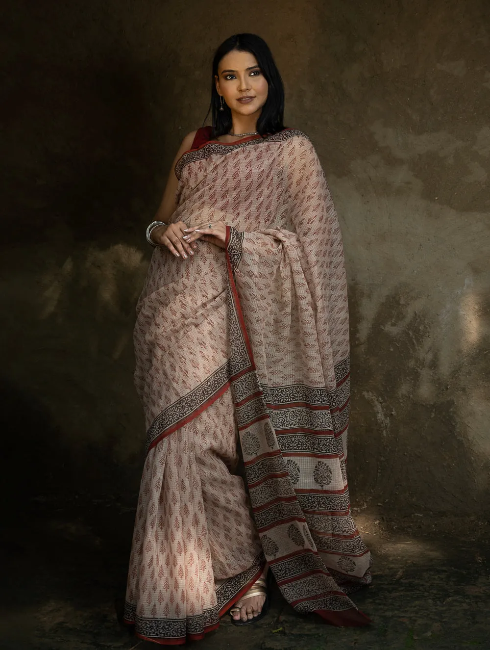 Classic Appeal. Bagru Hand Block Printed Kota Doria Saree - Red Leaf