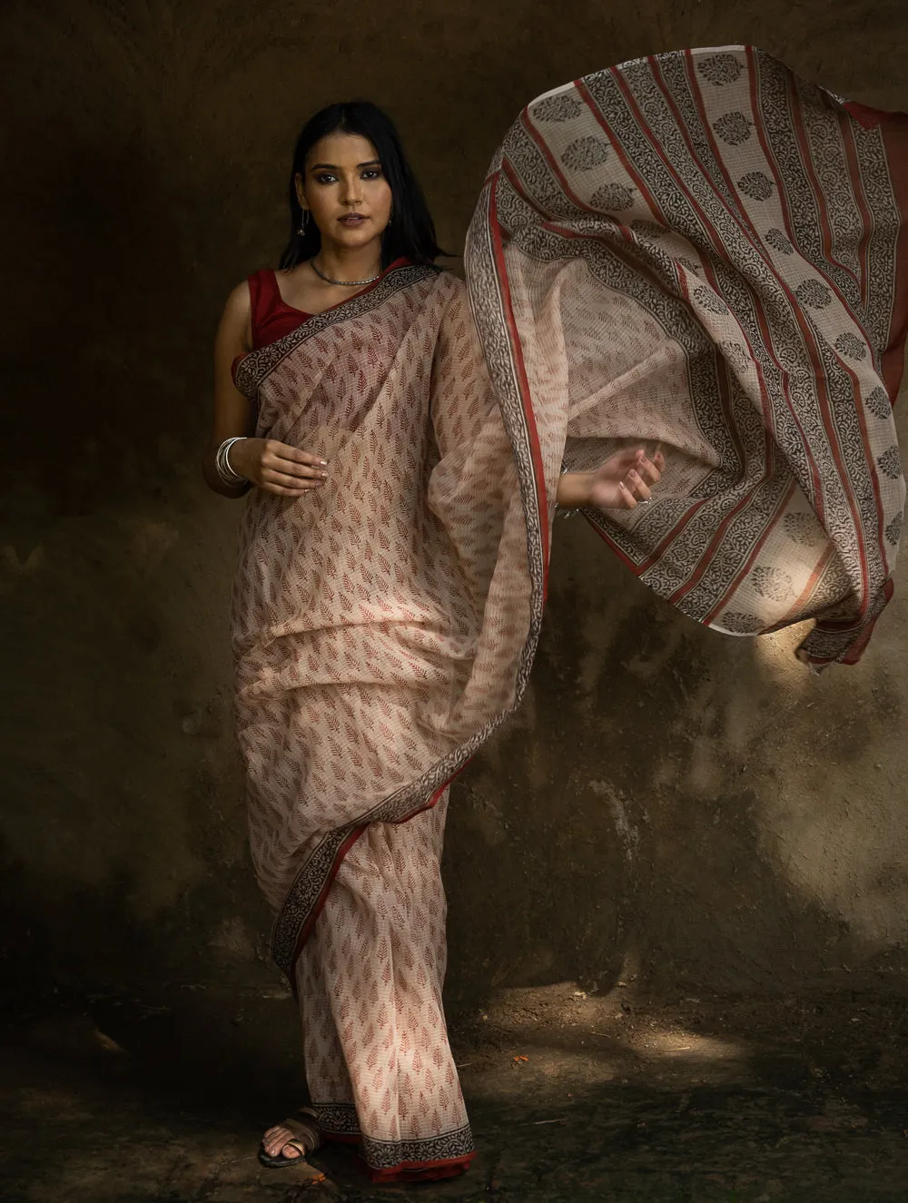 Classic Appeal. Bagru Hand Block Printed Kota Doria Saree - Red Leaf