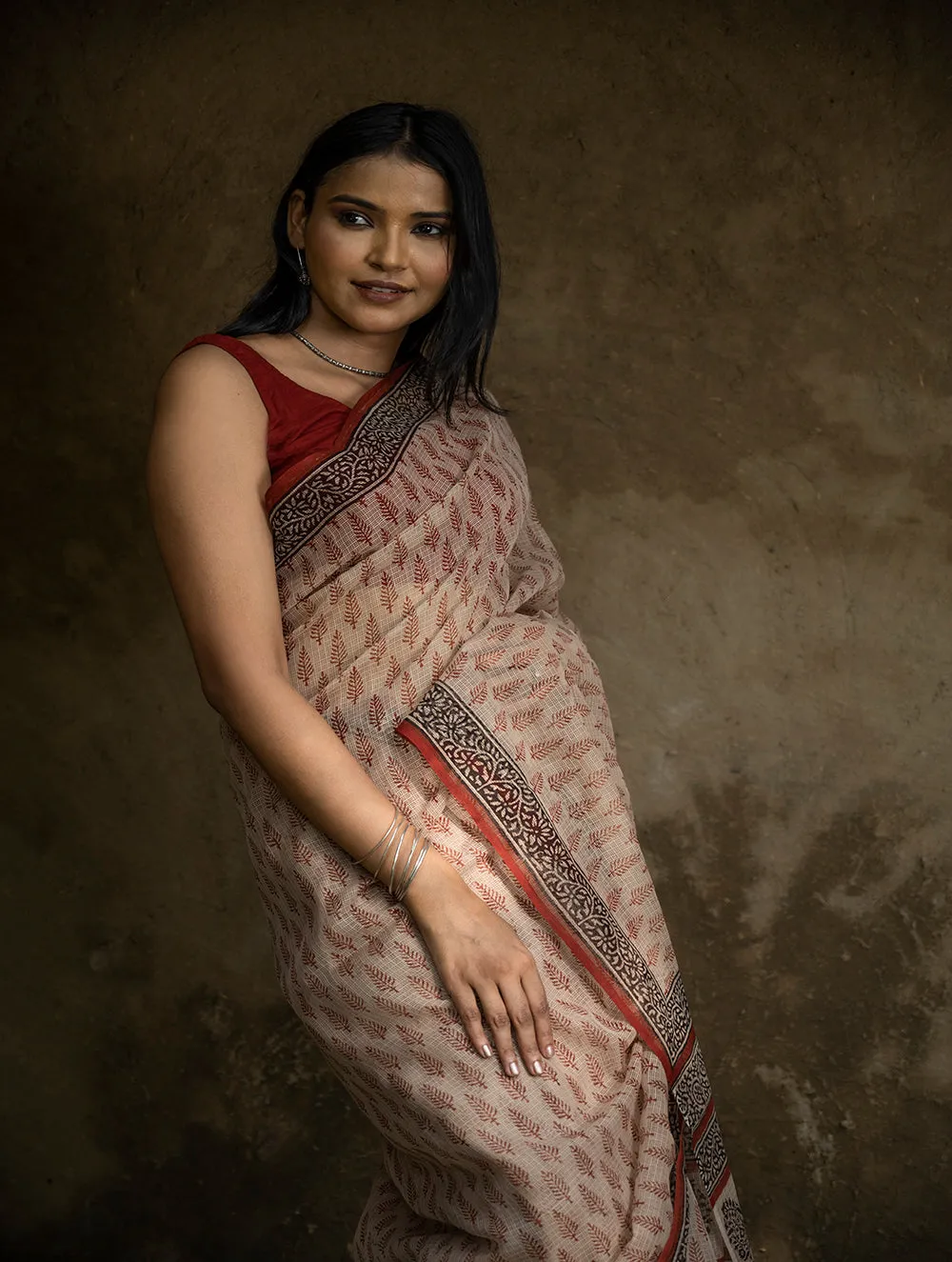 Classic Appeal. Bagru Hand Block Printed Kota Doria Saree - Red Leaf