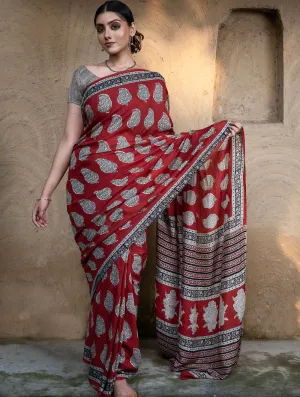 Classic Appeal. Bagru Hand Block Printed Modal Silk Saree - Red Paisleys