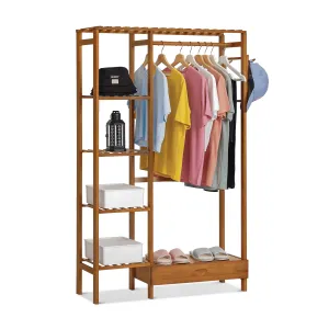 classic Bamboo 1 Drawer Hat Hooks Coat Pants Rack, Closet Organizer Wardrobe, Brown, for Bedroom