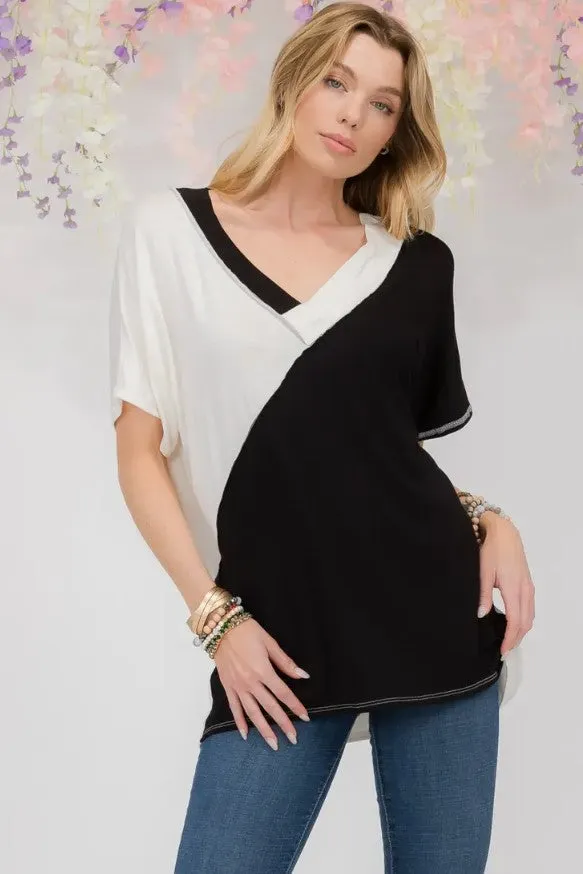 Classic Black & White V-Neck Top - #4939-4945