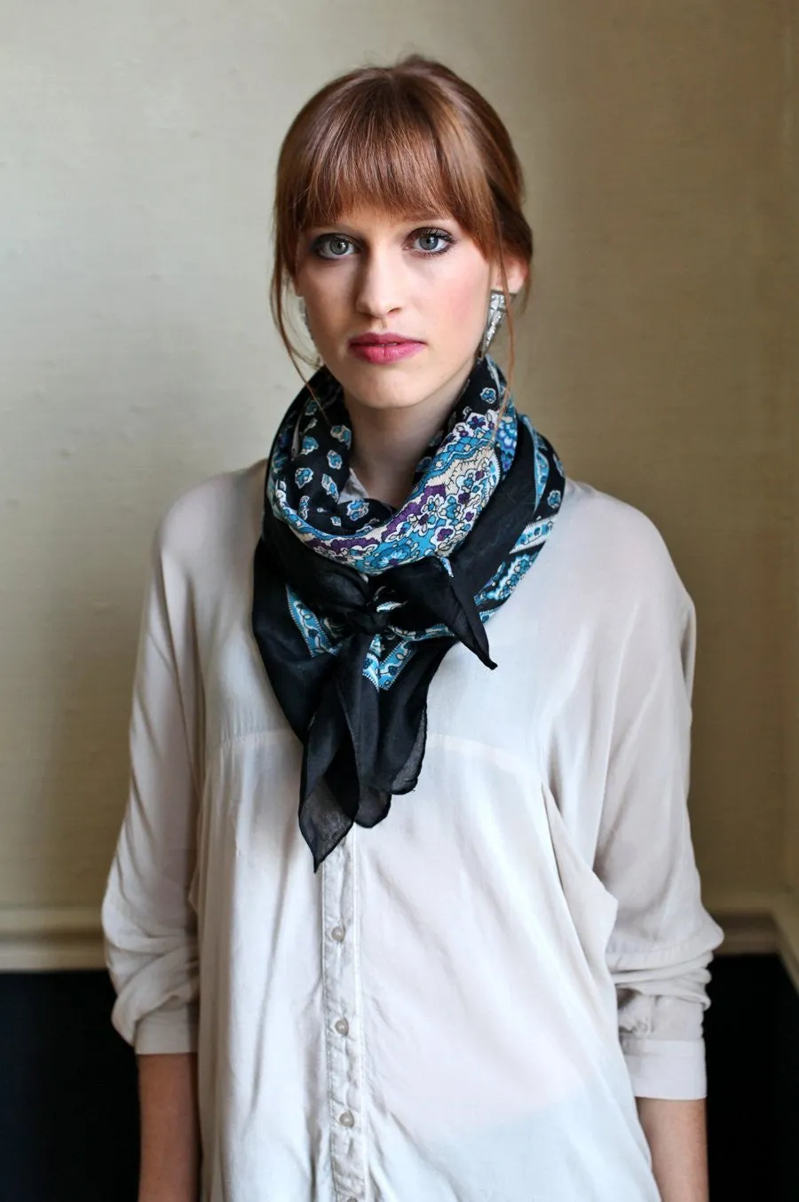 Classic Black and Blue Ditsy Floral Square Scarf / Head Scarf