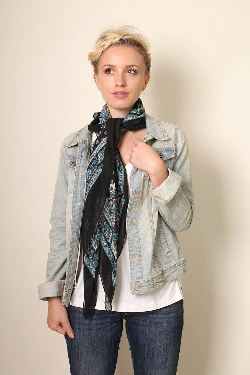 Classic Black and Blue Ditsy Floral Square Scarf / Head Scarf