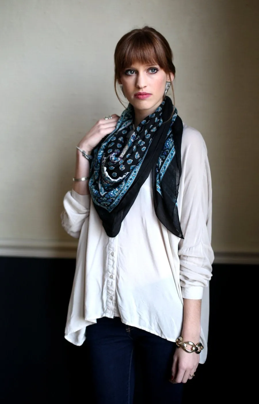 Classic Black and Blue Ditsy Floral Square Scarf / Head Scarf