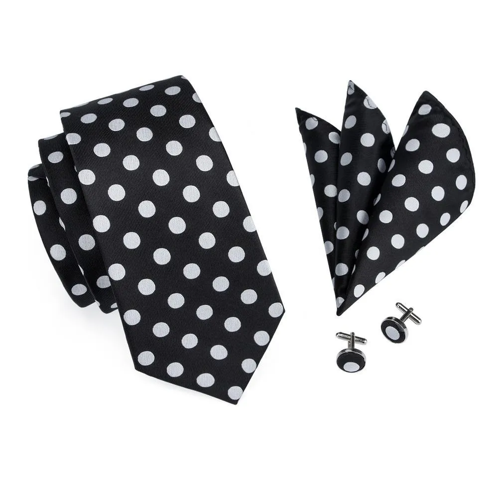 Classic Black White Polka Dot Tie Hanky Cufflinks Gift Box Set