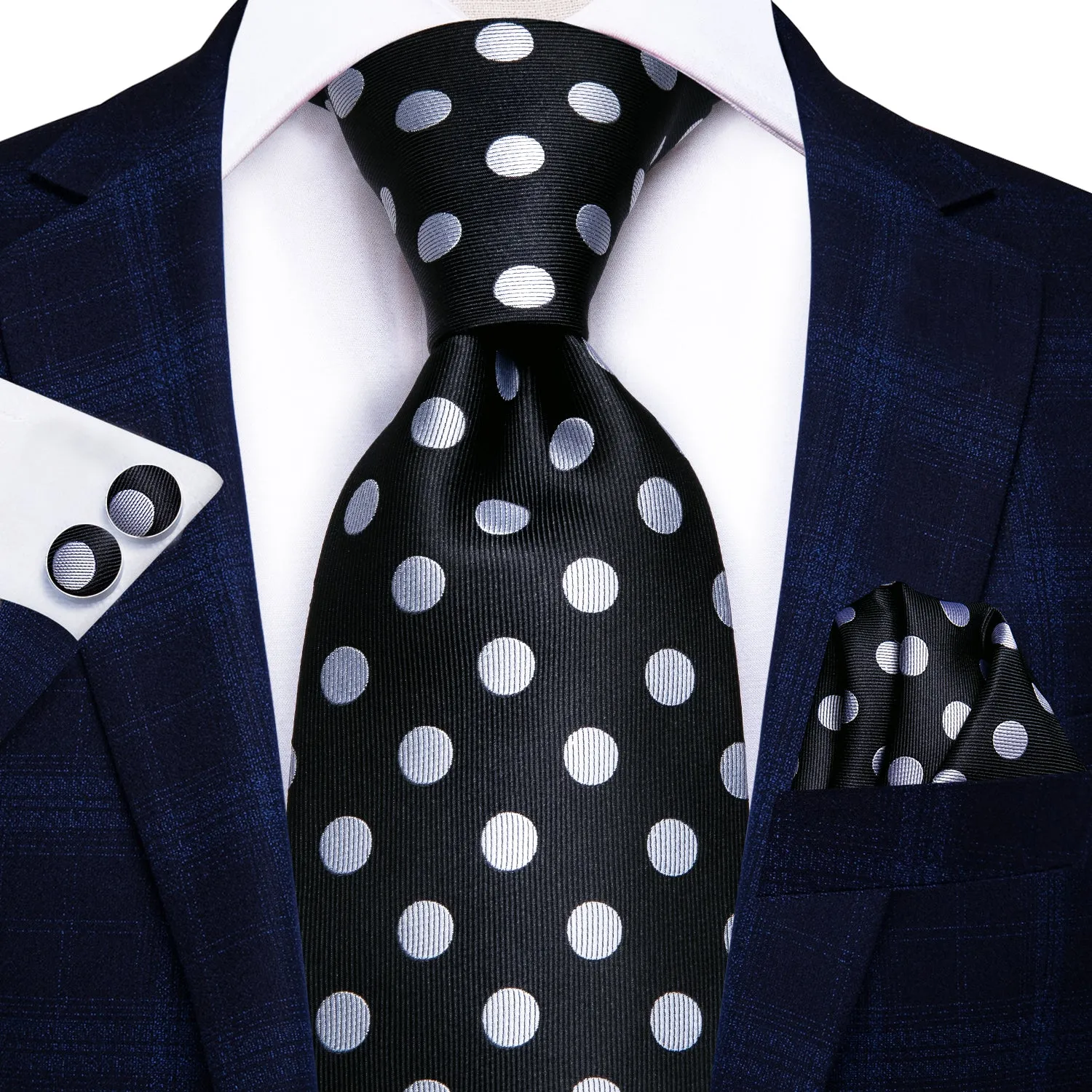 Classic Black White Polka Dot Tie Hanky Cufflinks Gift Box Set