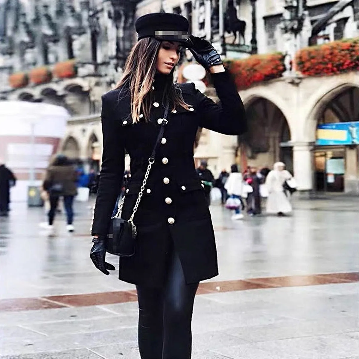 Classic Black White Turtleneck Slim Rivet Lion Head Buckle Long Sleeve All Match Dress Coat