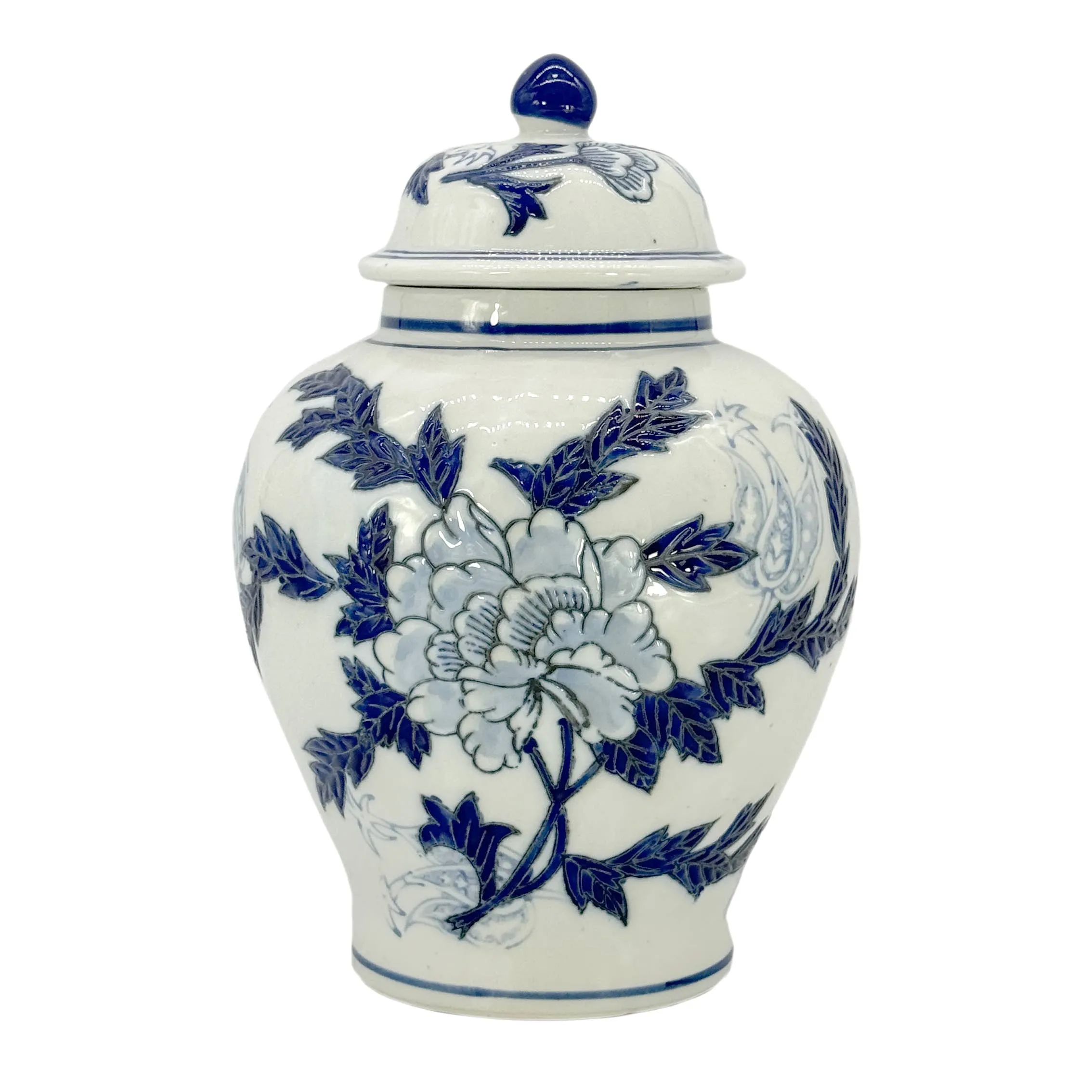 Classic Blue & White Floral Ceramic Ginger Jar 12"