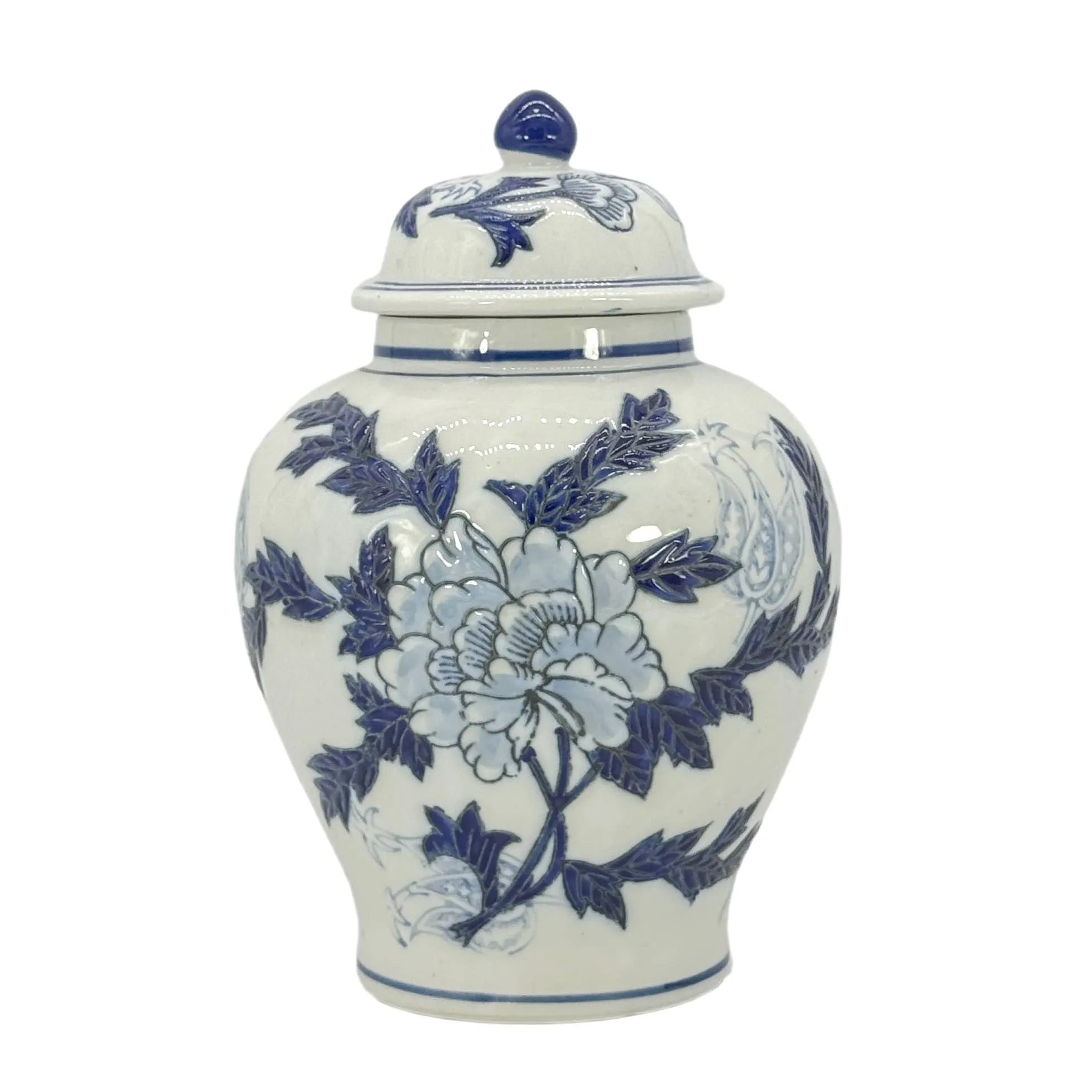 Classic Blue & White Floral Ceramic Ginger Jar 12"