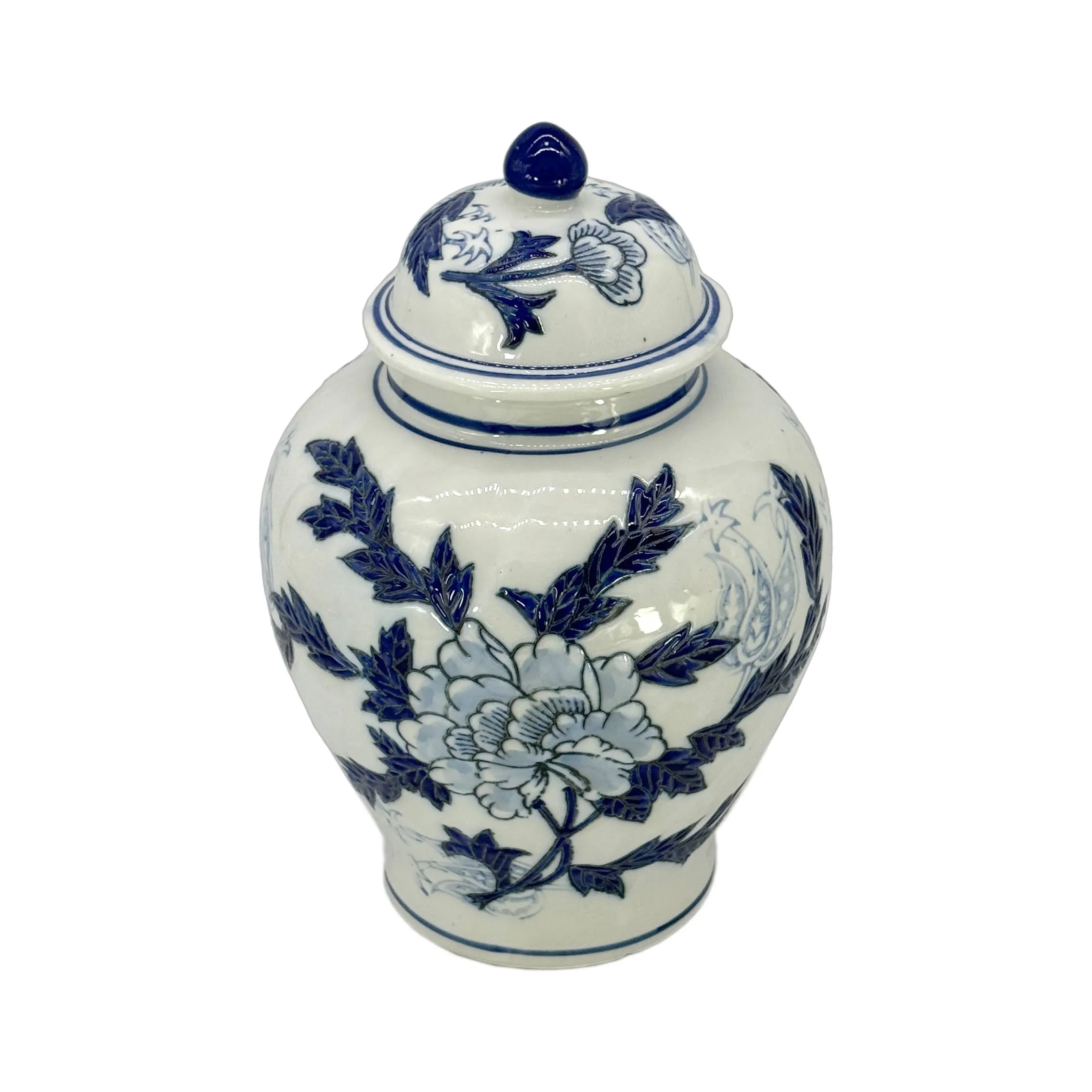 Classic Blue & White Floral Ceramic Ginger Jar 12"