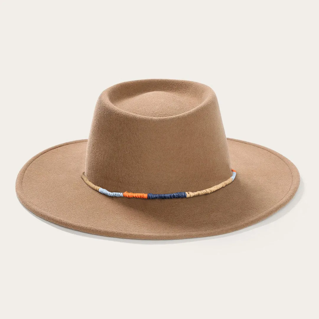 Classic Brown Felt Hat with Vibrant Multicolor Woven Rope Hatband