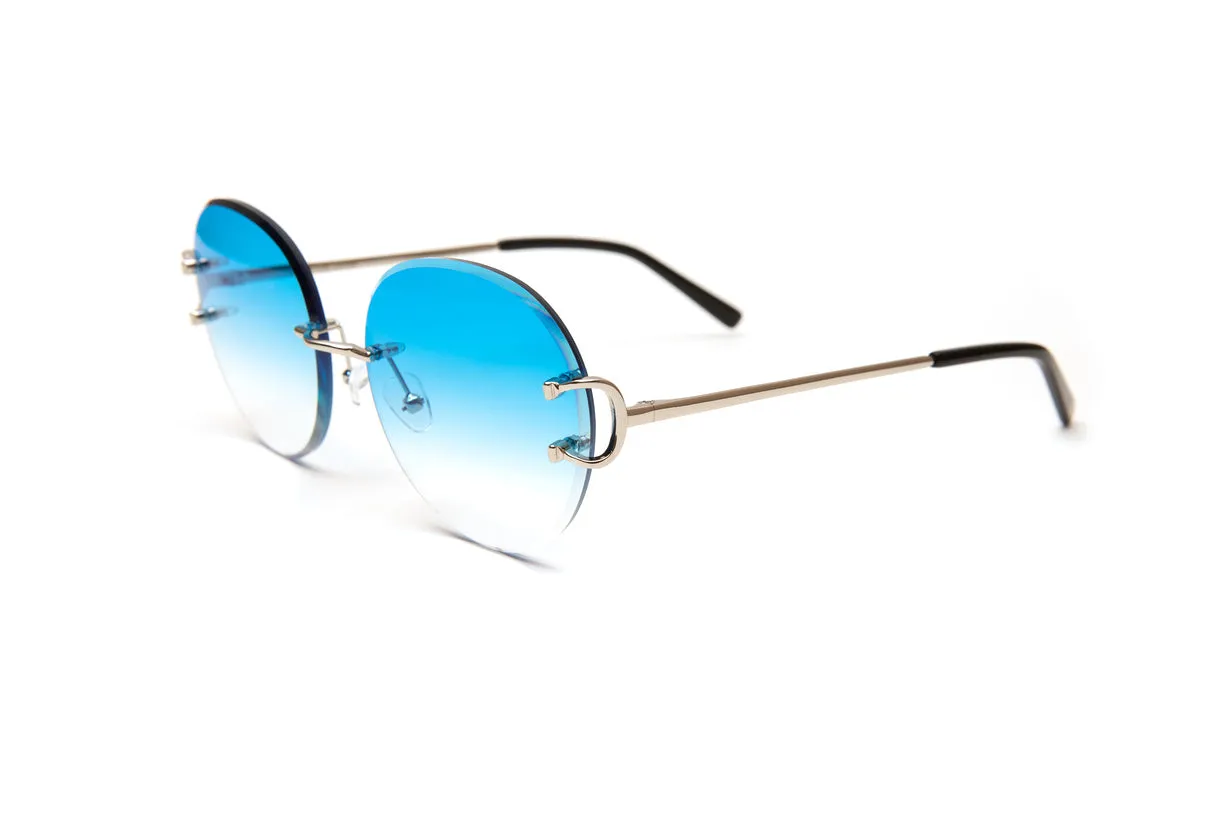 CLASSIC C Silver Rimless Sunglasses, Gradient Blue Round Lenses