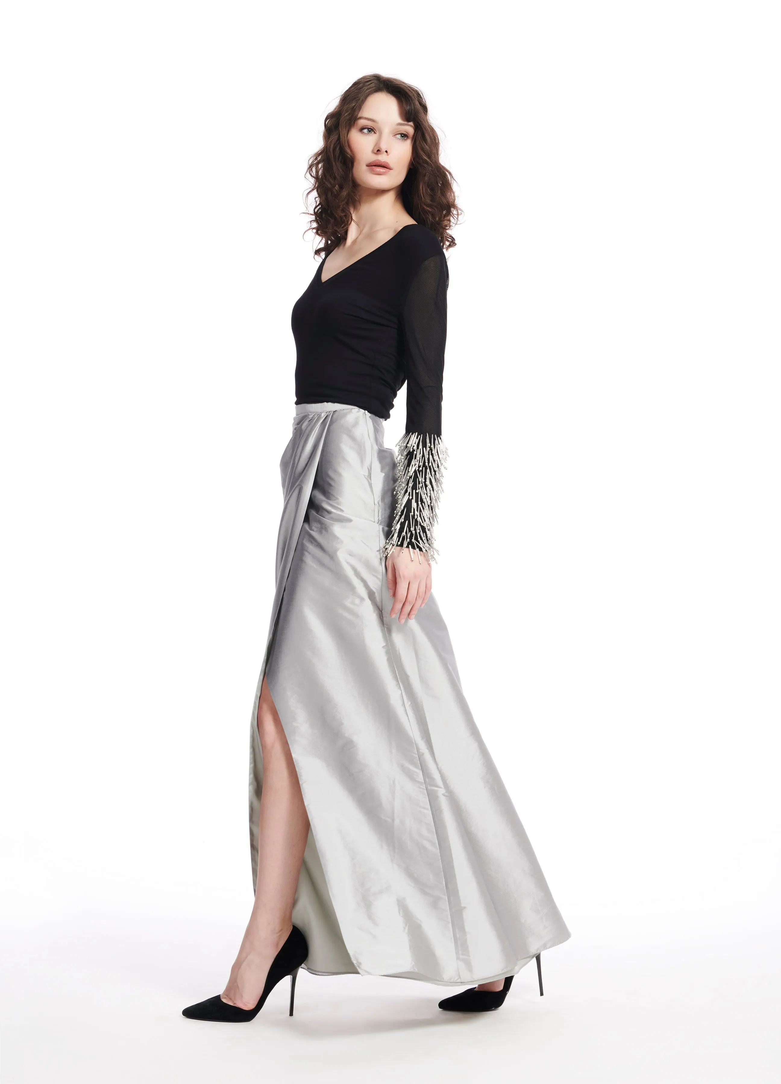 CLASSIC COLORS TAFFETA SLIM WRAP SKIRT BLACK, SILVER, CHAMPAGNE, IVORY