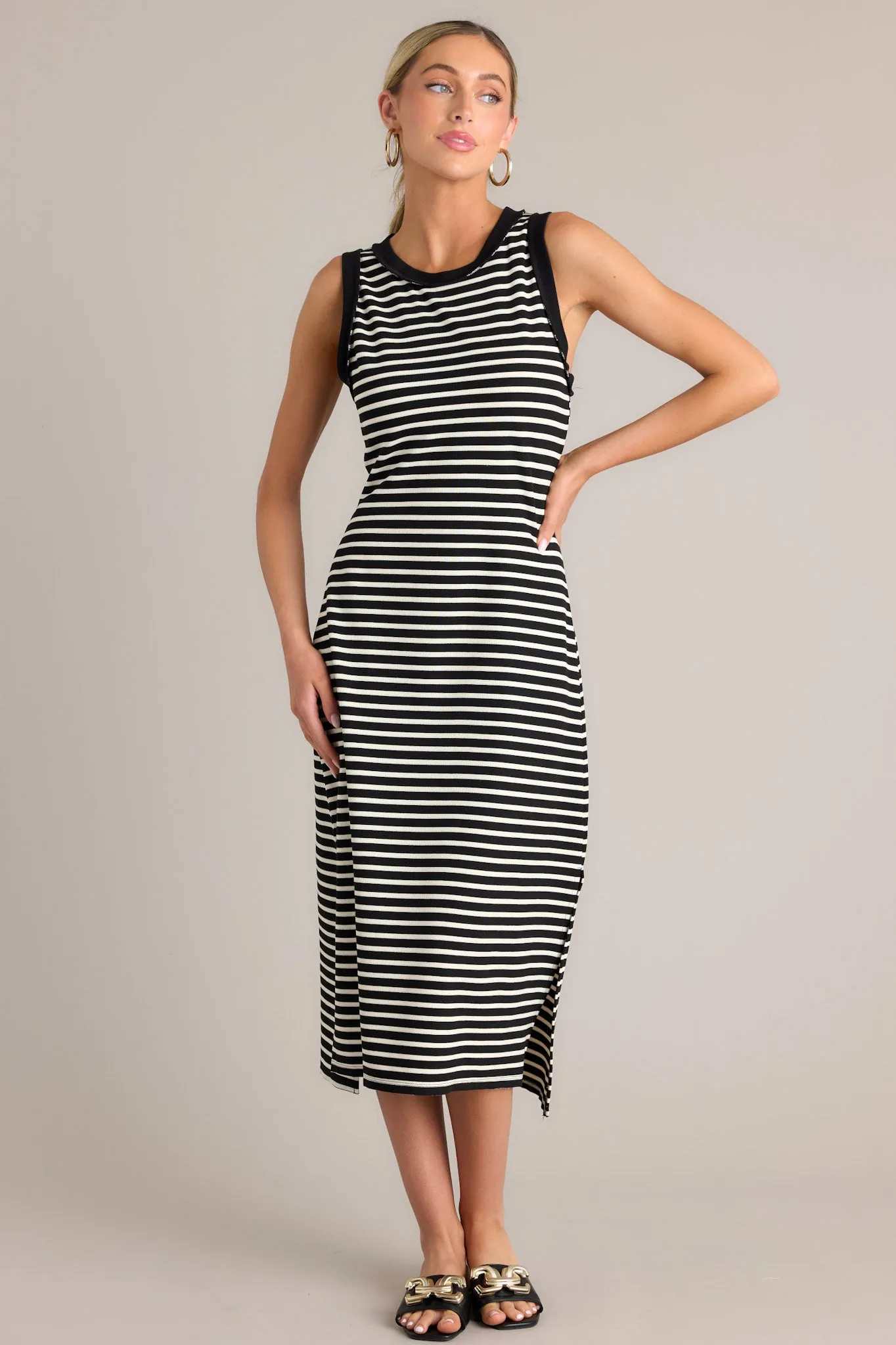 Classic Contrast Black Stripe Midi Dress