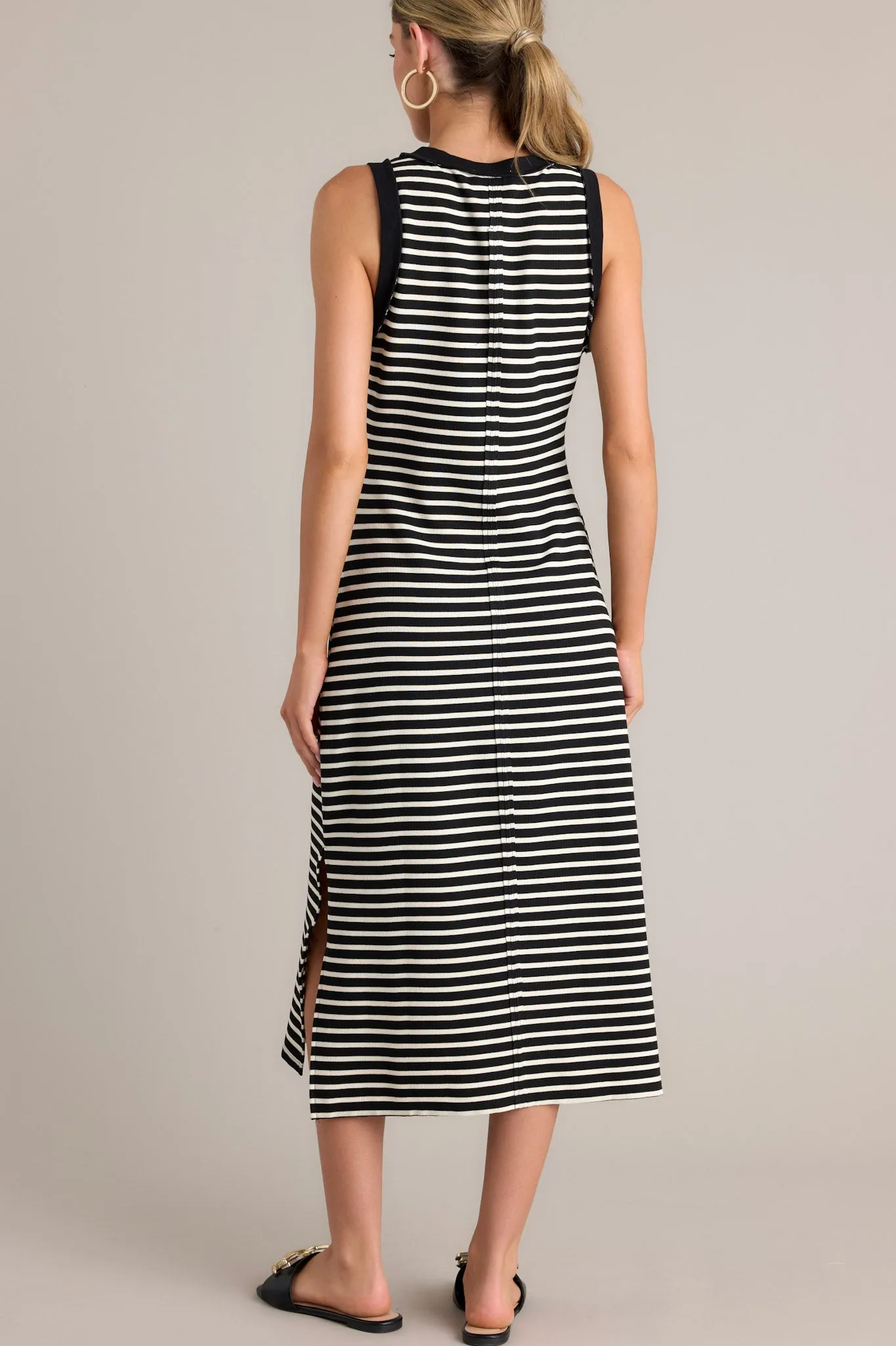 Classic Contrast Black Stripe Midi Dress