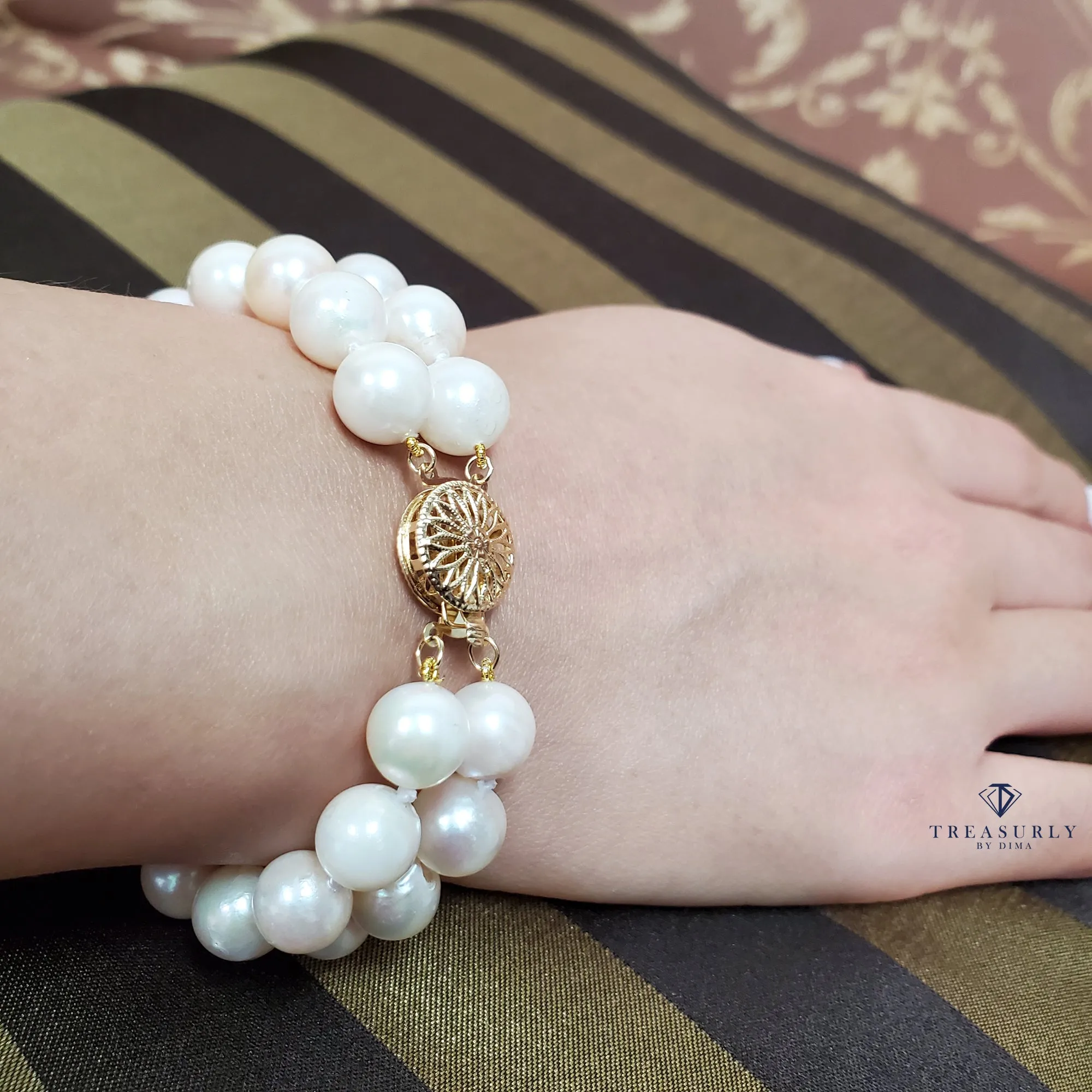 Classic Cultured Japanese Pearl White Double Strand Vintage Bracelet 14 YG